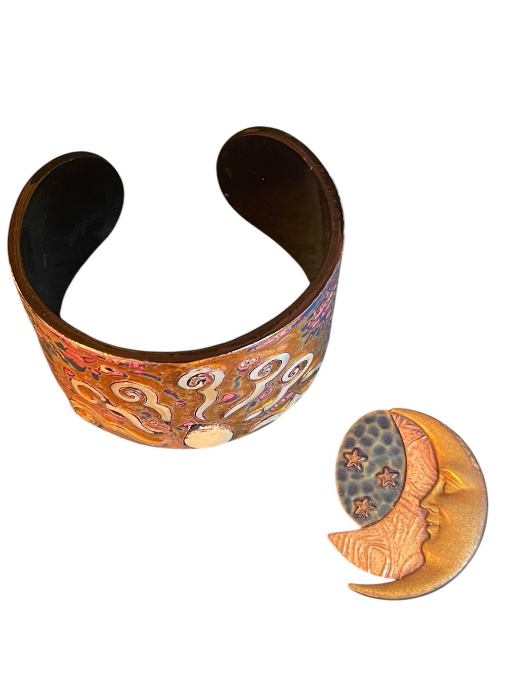 Vintage Artisan Celestial MOP Inlaid Cuff Bracelet & Copper Moon Brooch - Picture 4 of 12